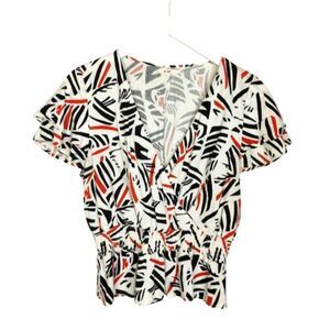 Francescas Mi Ami Linen Blend Peplum Top Cream Black Layered Sleeve Size XL